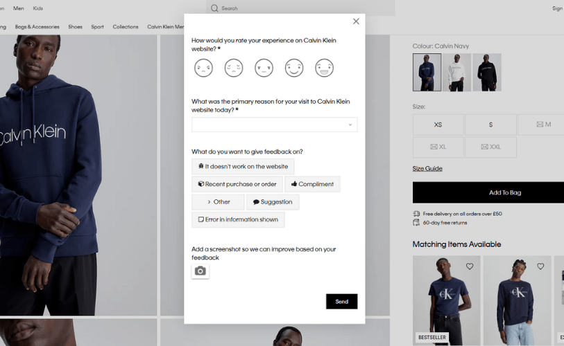 This image depicts the website survey embedded in Calvin Klein’s website.