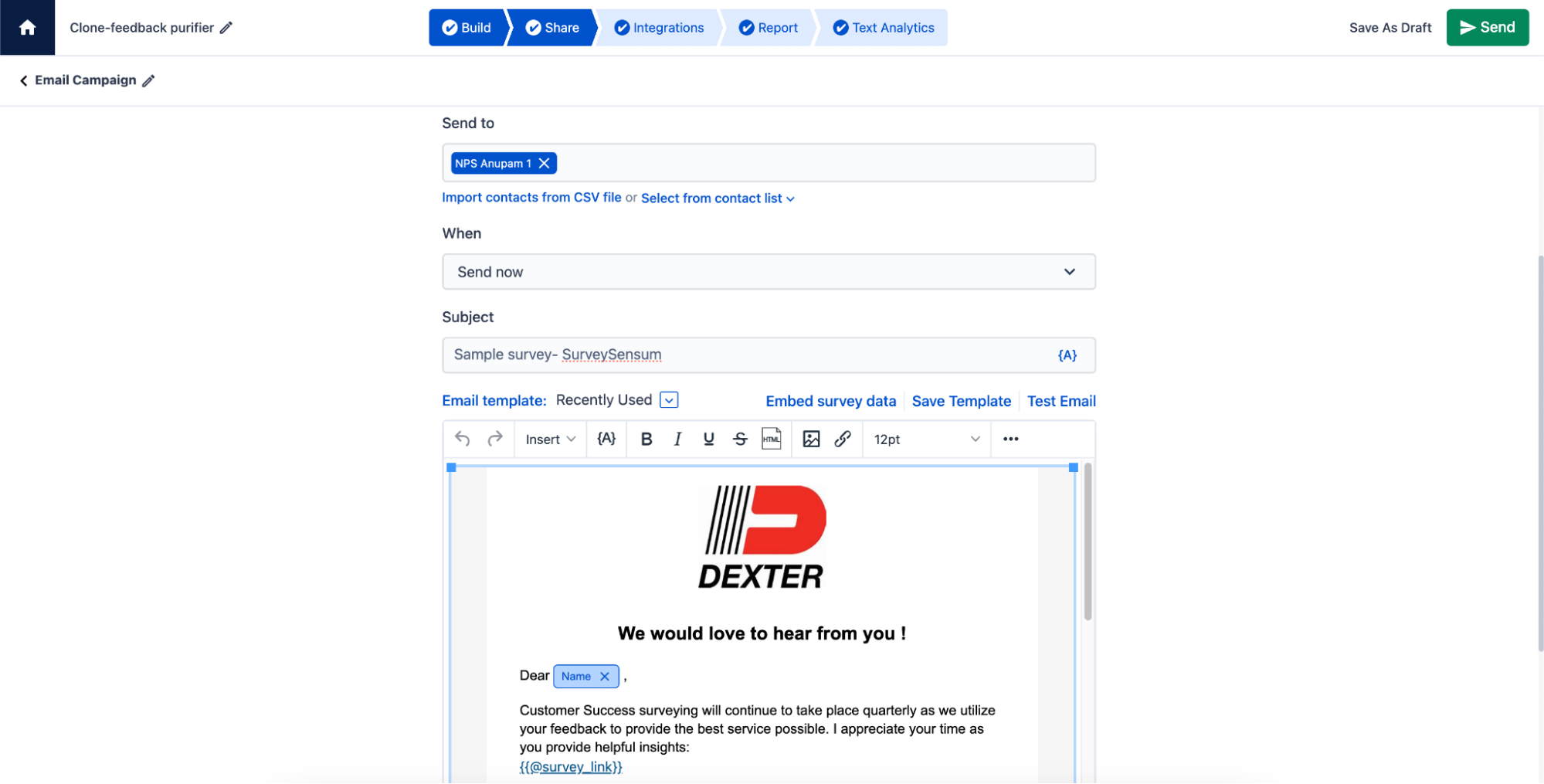 The images show how users can white-label their email addresses with SurveySensum with SurveySensum’s survey builder.