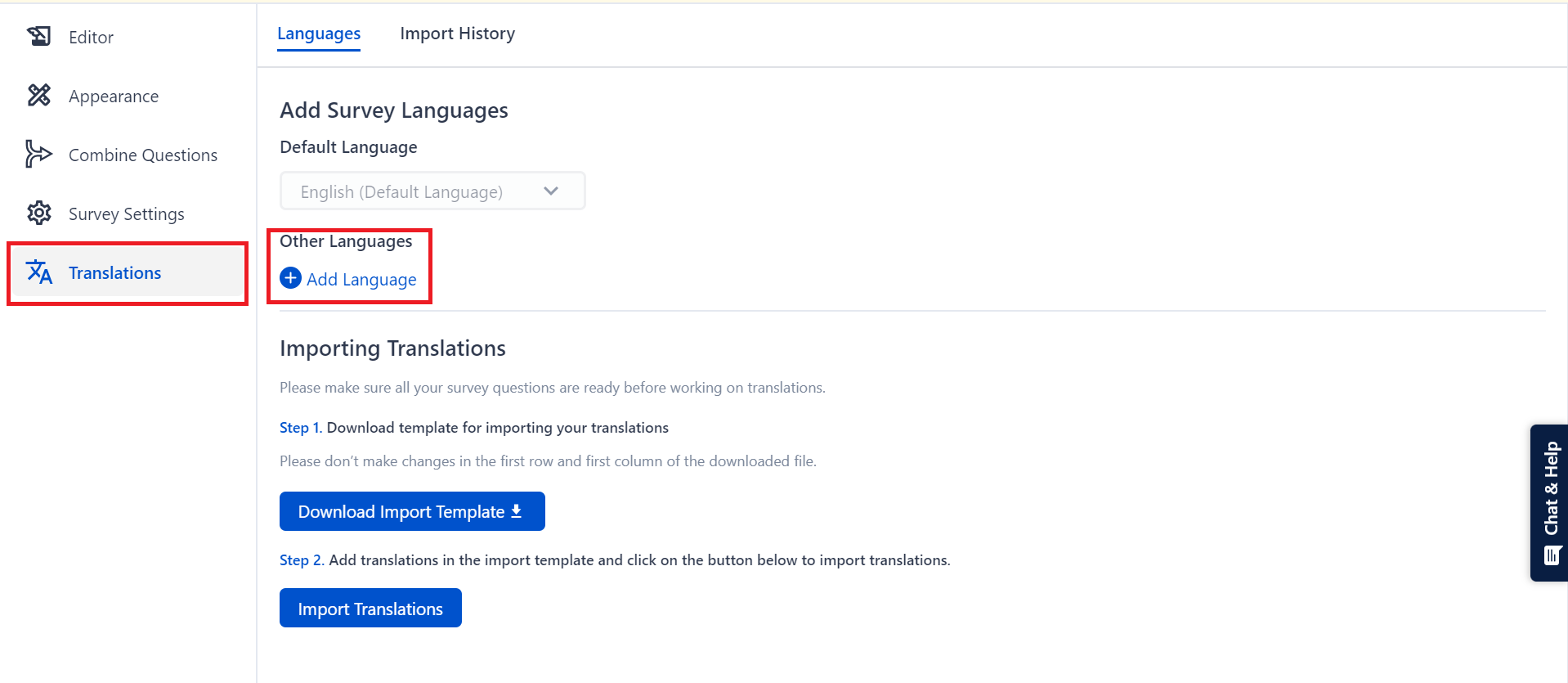 The image shows the translation setting in the SurveySensum survey builder where users can translate their surveys into 100+ global languages. 