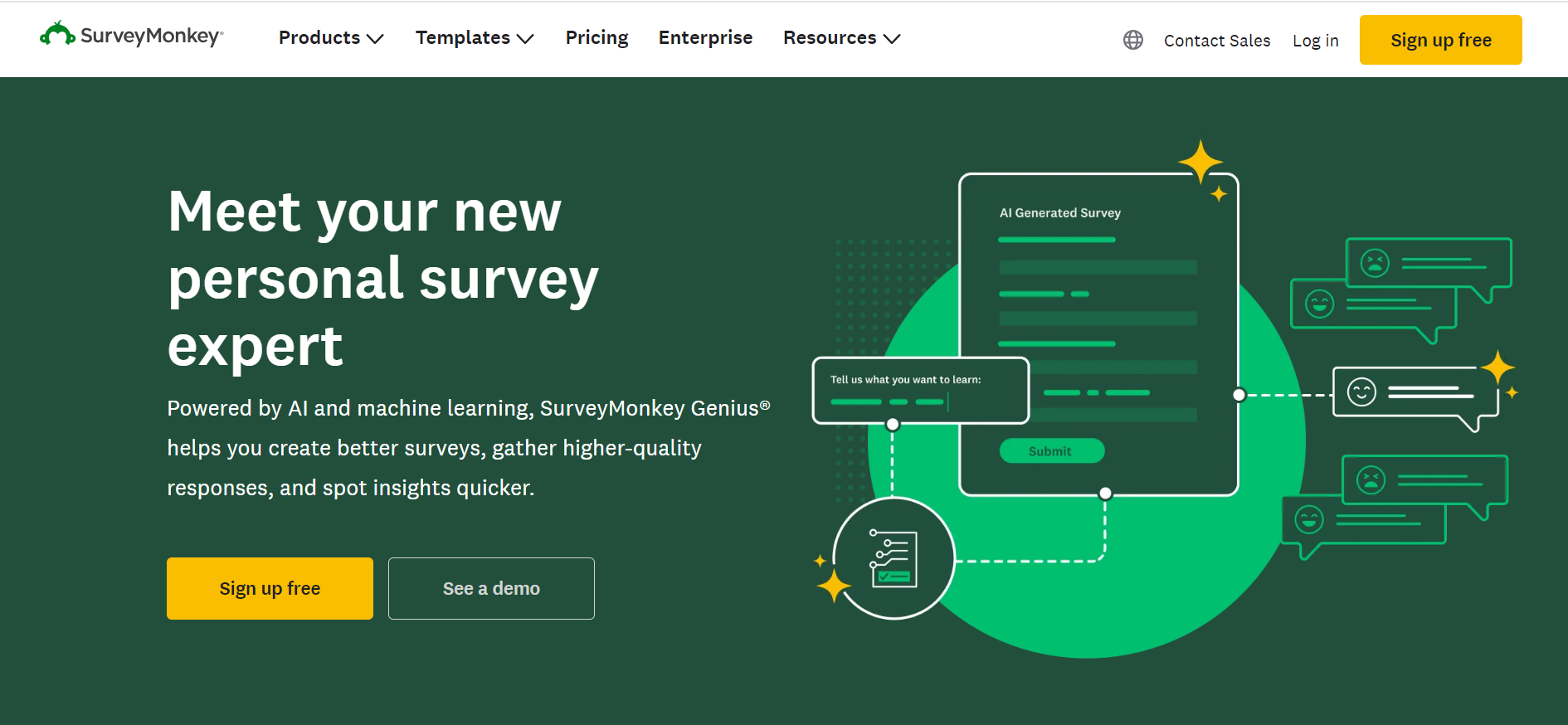 This image depicts the screenshot of the homepage of SurveyMonkey Genuis, the AI survey tool from SurveyMonkey.