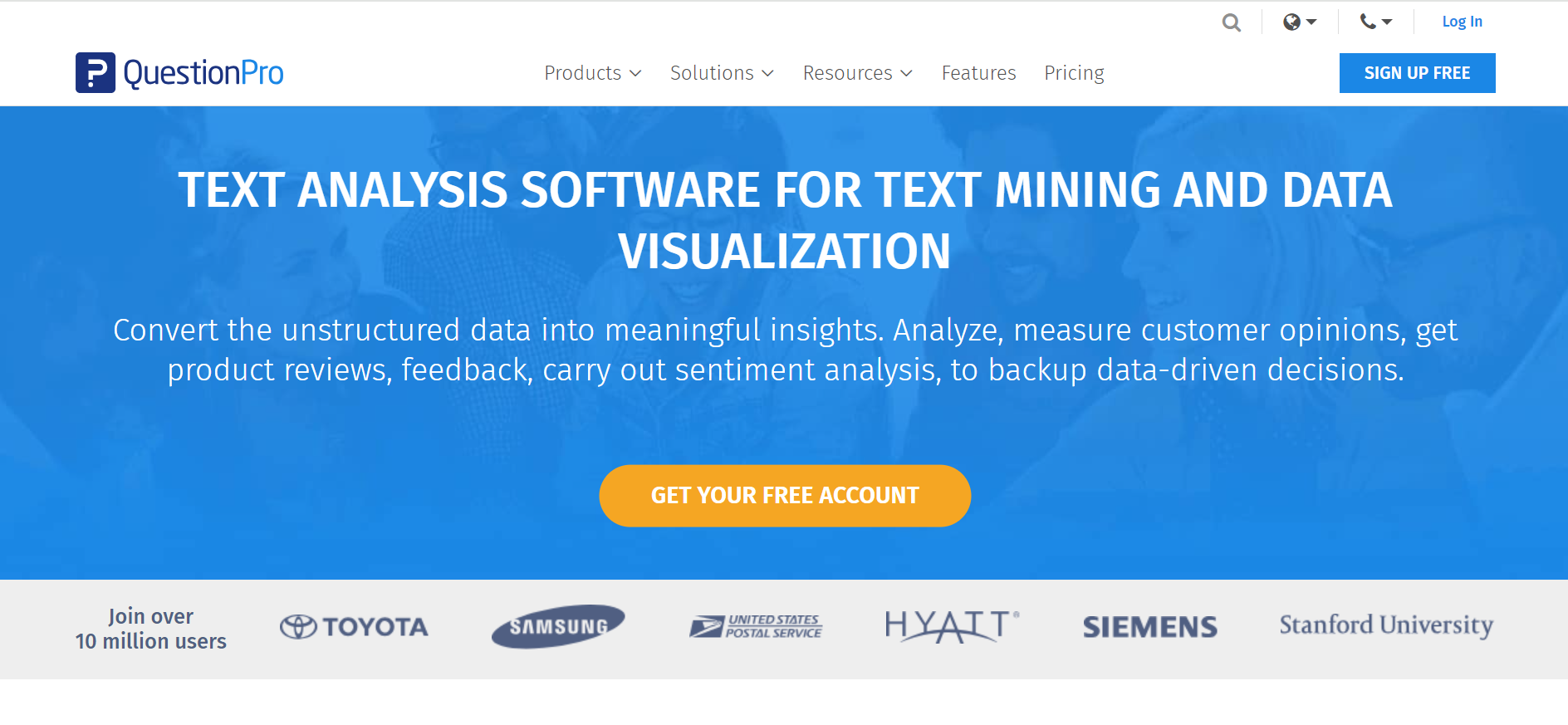 This image depicts the screenshot of QuestionPro page depicting its text analysis software. 