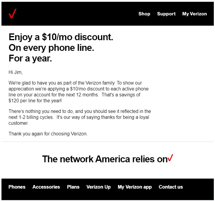 The image shows the Verizon loyalty program welcome offer received by a new customer of a $10/month discount on each active phone line for the next 12 months.