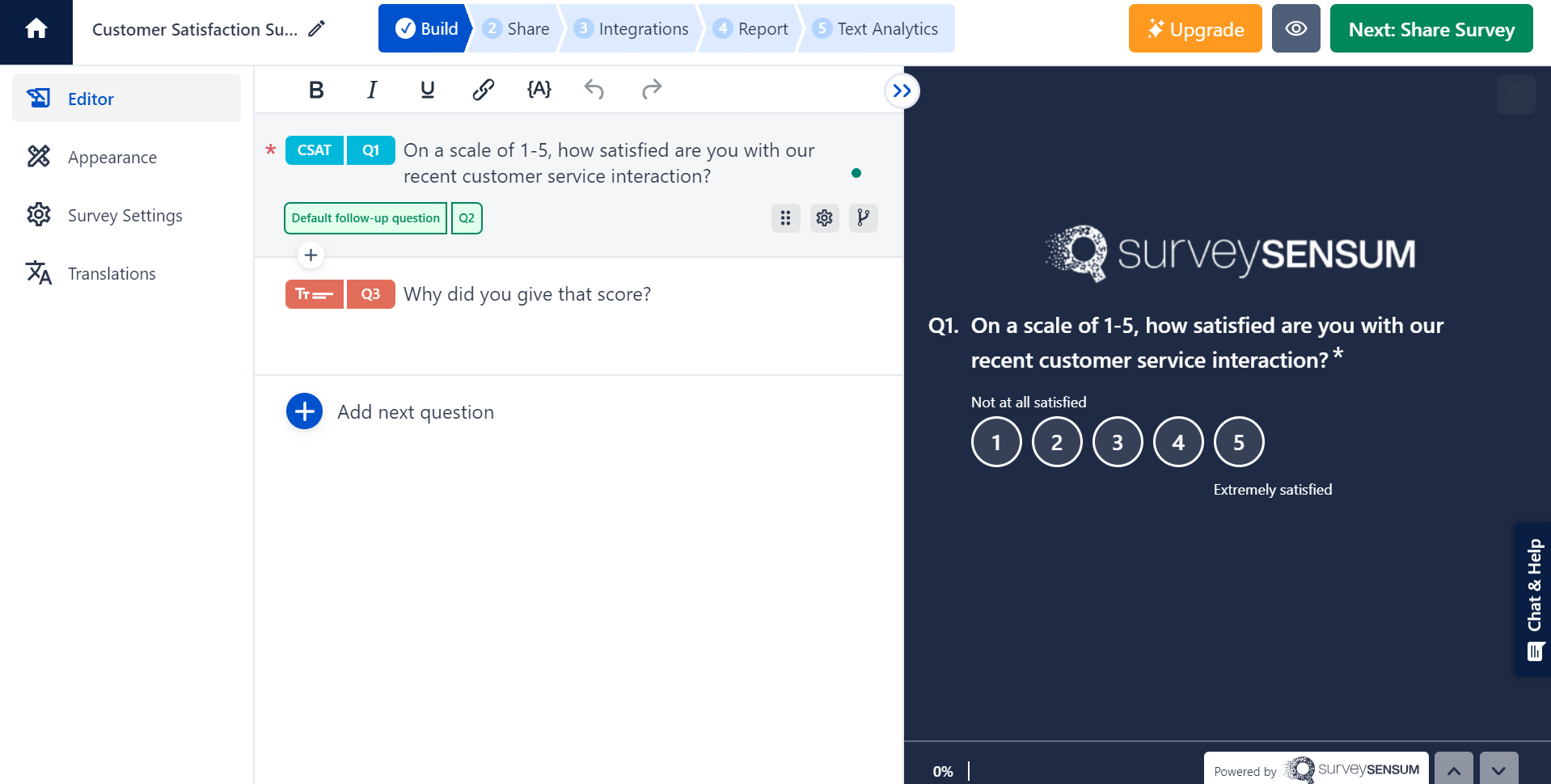 A survey image created on the SurveySensum tool shows a qualitative survey question CSAT asking: 'How satisfied are you with our recent customer service interaction?' Respondents rate satisfaction on a scale of 1 to 5, ranging from 'Not at all satisfied' to 'Highly satisfied' followed by an open-ended question asking: 'Why did you give that score? to gauge their experience in-depth.