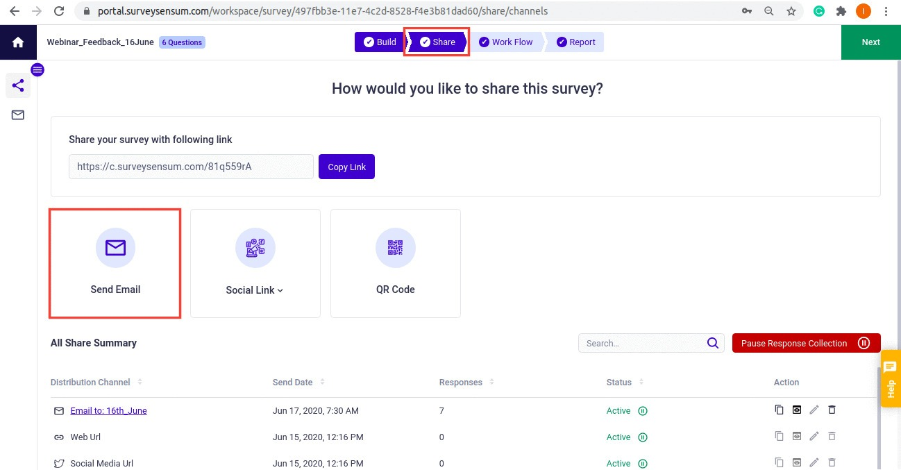 The image shows how surveys can be shared via email with the SurveySensum survey builder tool.