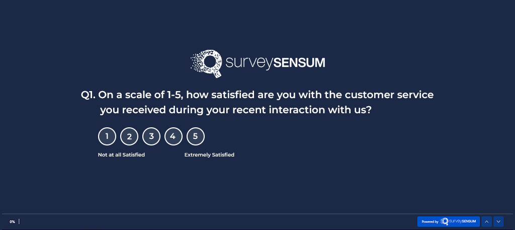 An image showing a customer service survey created on the SurveySensum platform asking how satisfied you are with our latest customer service on a 1-5 rating scale from very dissatisfied to highly satisfied.