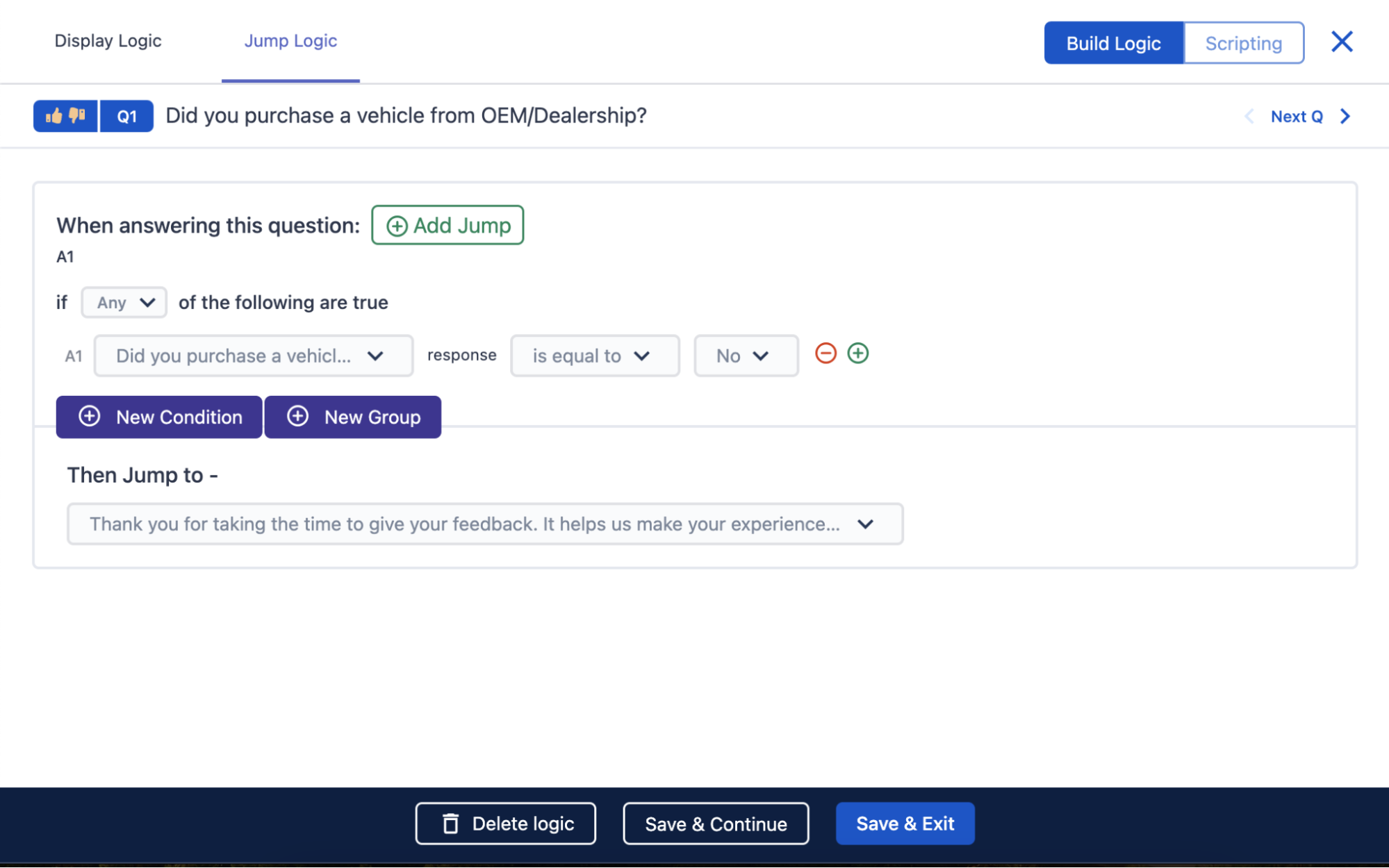 This image shows how survey logic can be used to personalize questions via Surveysensum’s AI survey builder