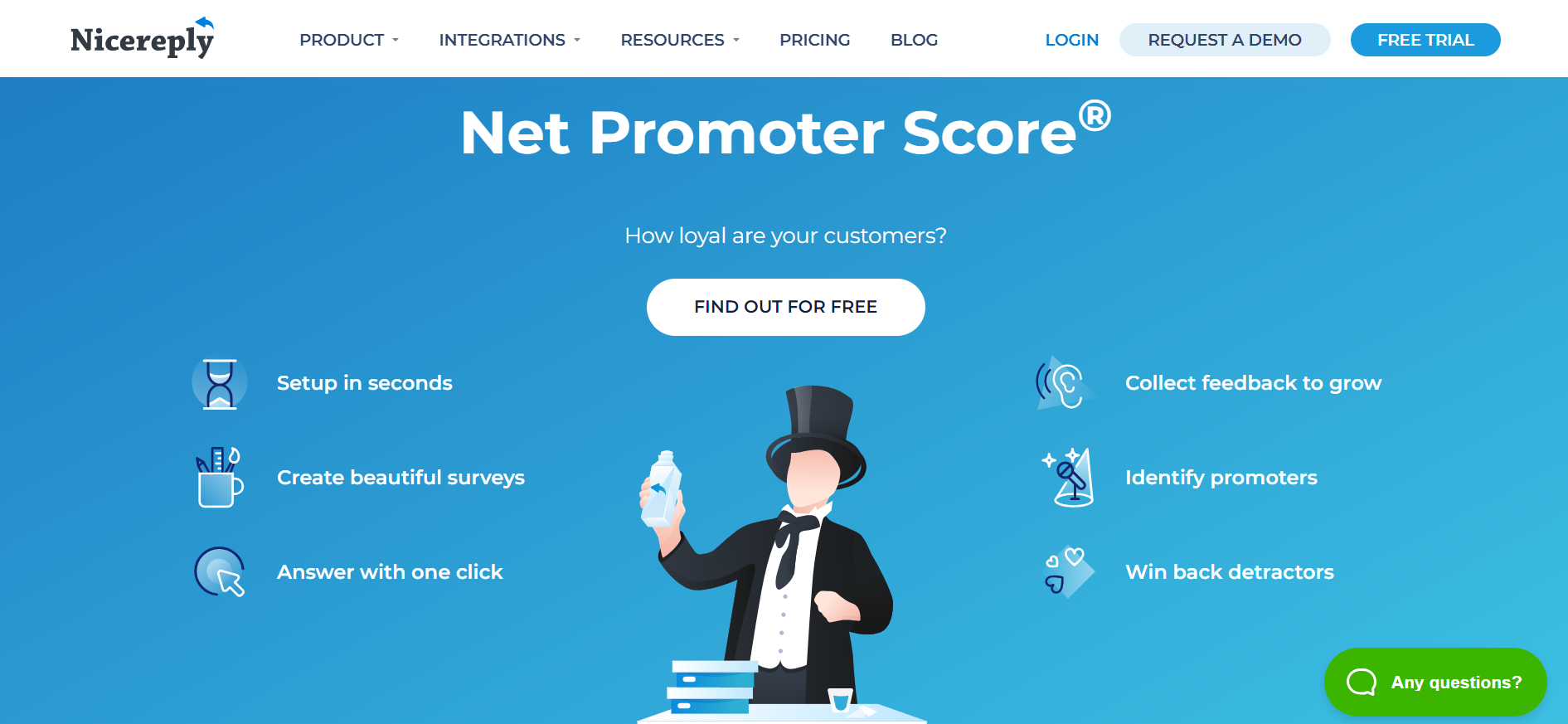 This image depicts the screenshot of Nicereply’s landing page for NPS software 