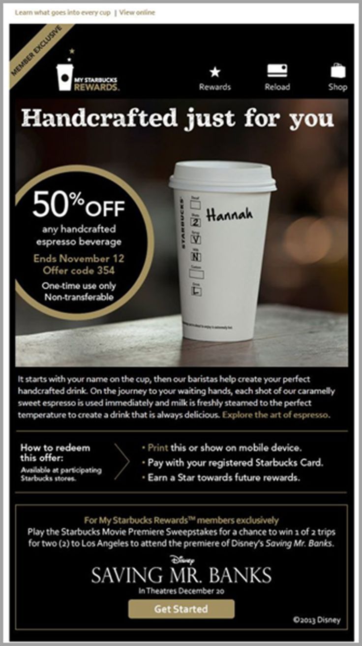  The image shows the Starbucks personalized offer where the customer is being offered a fifty percent discount on any handcrafted espresso beverage. The image shows the Starbucks personalized offer where the customer is being offered a fifty percent discount on any handcrafted espresso beverage. 