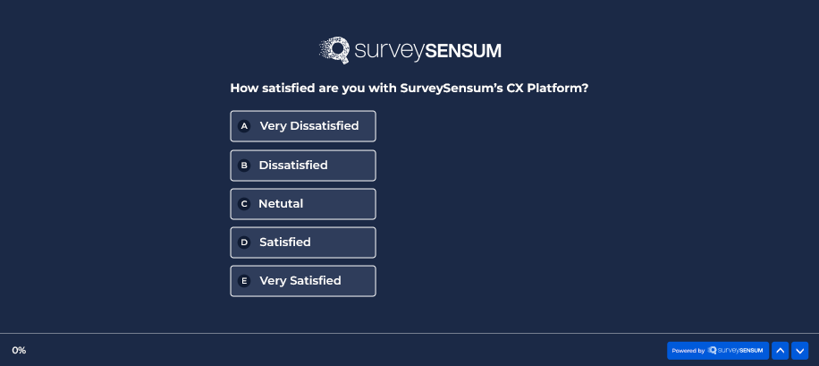 The image shows a close-ended question where the customer is being asked if they were satisfied with the SurveySensum CX platform. 