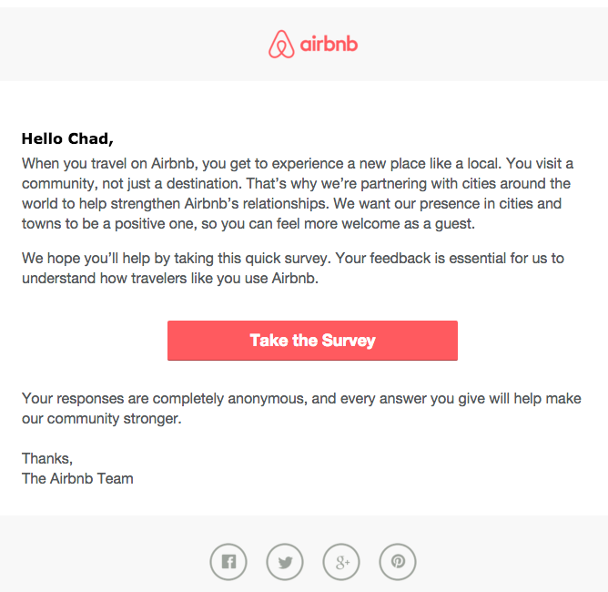 The image shows a CSAT email survey by Airbnb where the customer is being to take a survey to talk about their experience.
