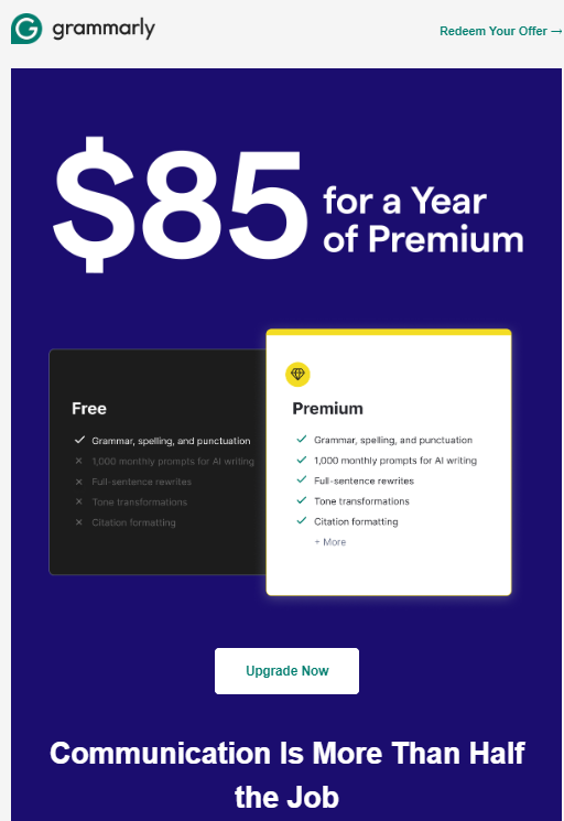 An image showing Grammarly capturing the upselling moments by sending emails to its users giving a discount on the premium version. 