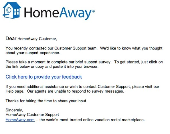 The image shows a customer service survey by HomeAway where the customer is asked to talk about their experience with the customer support team.