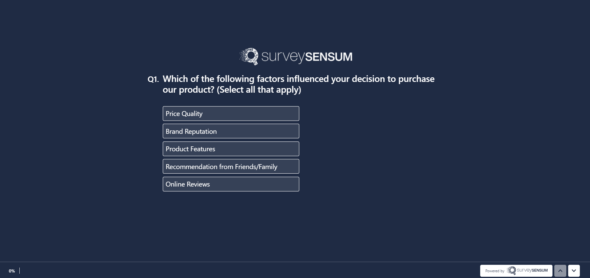 An image showing a quantitative survey example asking a close-ended question; Which of the following factors influenced your decision to purchase our product? and giving multiple choices like price quality, brand reputation, product features, likelihood of recommendation, and online reviews. 