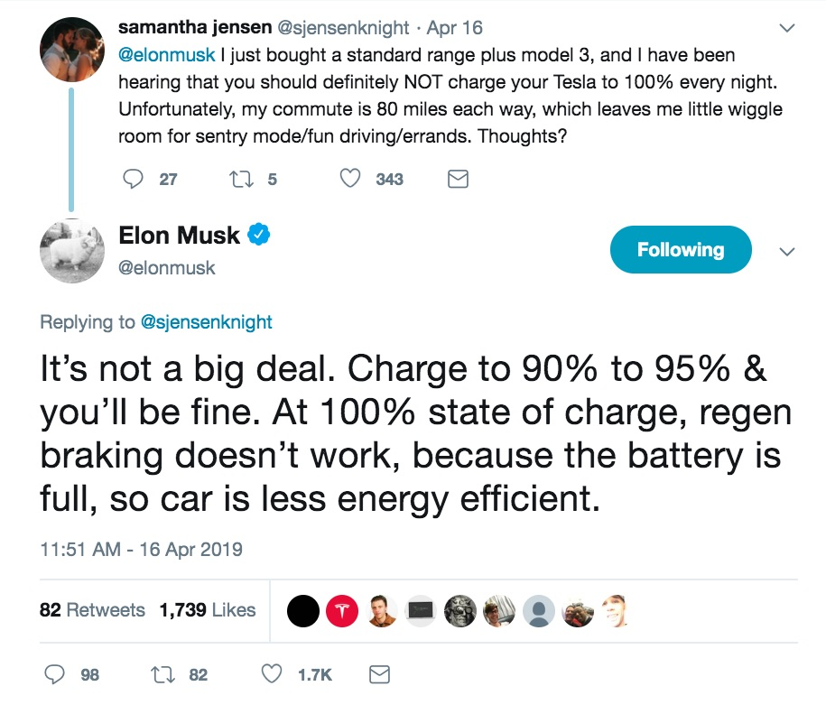 This screenshot captures Elon Musk's keeping transparency by advising against charging to 100% due to slight battery efficiency gains, which, if misunderstood, might be misconstrued as a universal warning against full charging. 