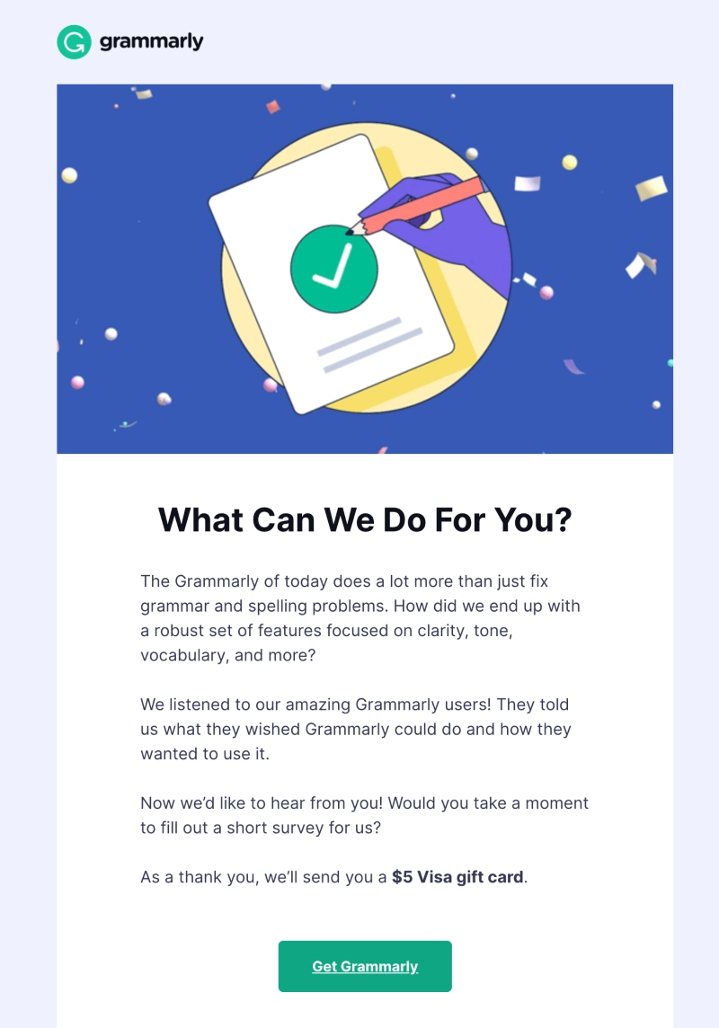 The image shows a product feedback survey by Grammarly asking customers to give suggestions on how to improve the product.
