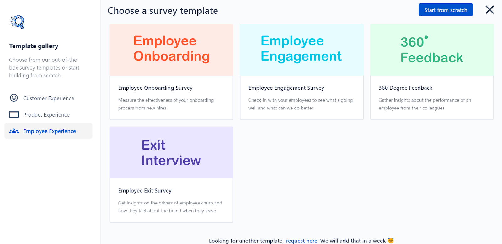 An image showing multiple types of surveys offered by the SurveySensum tool to boost employee engagement