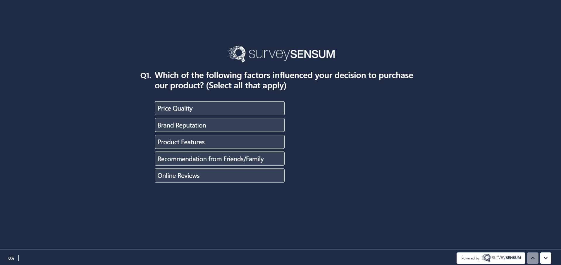 The image shows a close-ended question where the customer is being asked to select what influenced their purchase decision to buy the product.