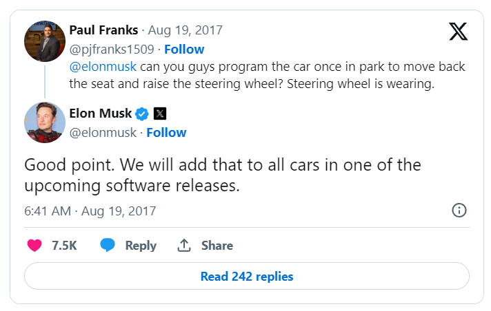 A Twitter screenshot highlighting customer feedback given to Elon Musk about the steering wheel and we can see active listening and responding to the feedback and assuring to take action. 