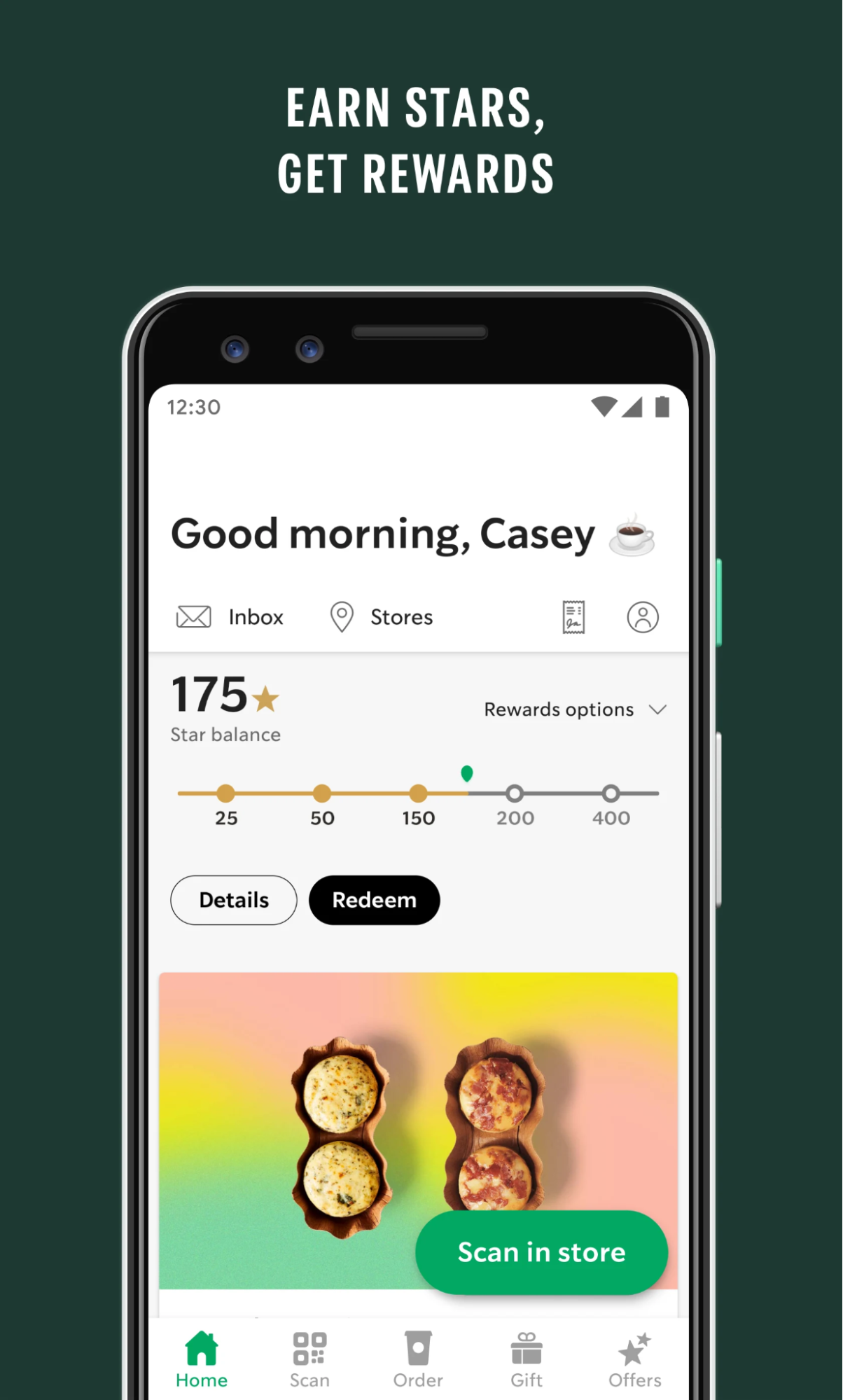 The image shows the Starbucks rewards page on the mobile app where the customer has a star balance of 175.