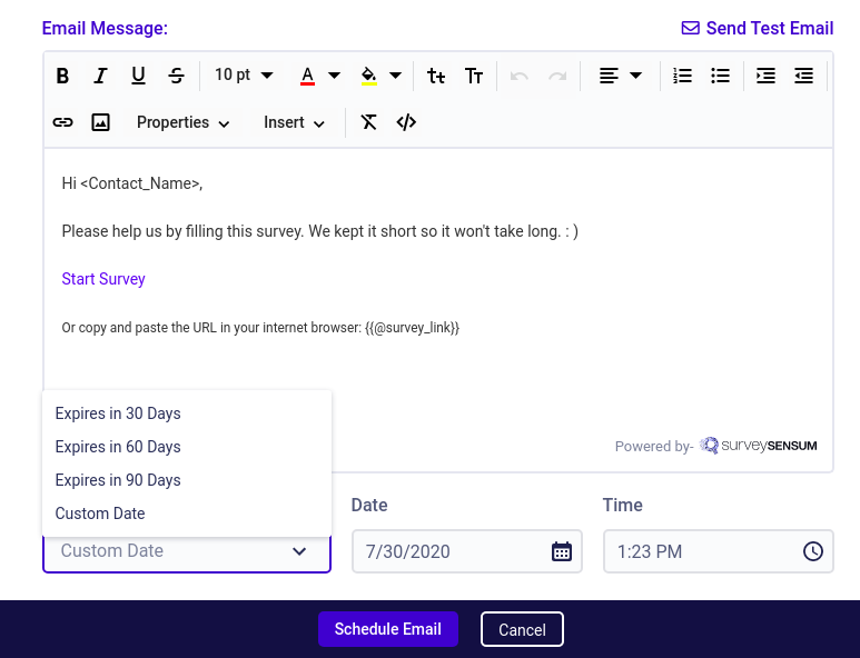 The image shows how users can set survey expiration dates by either selecting a predetermined date or adding a customized date.