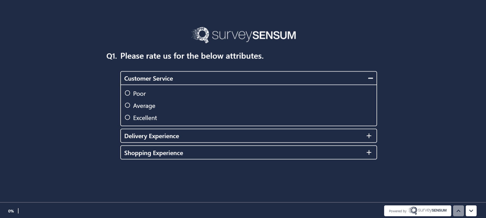  The image shows a close-ended question where the customer is being asked to rate their satisfaction with attributes like customer service, delivery experience, and shopping experience. 