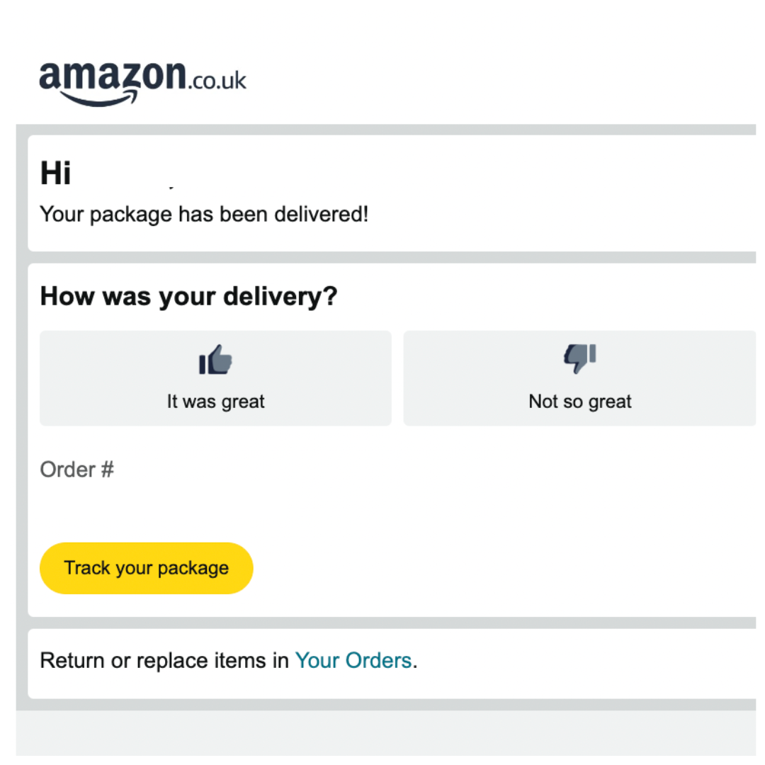 The image shows a post-transaction survey by Amazon where the customer is being asked to rate their delivery experience.