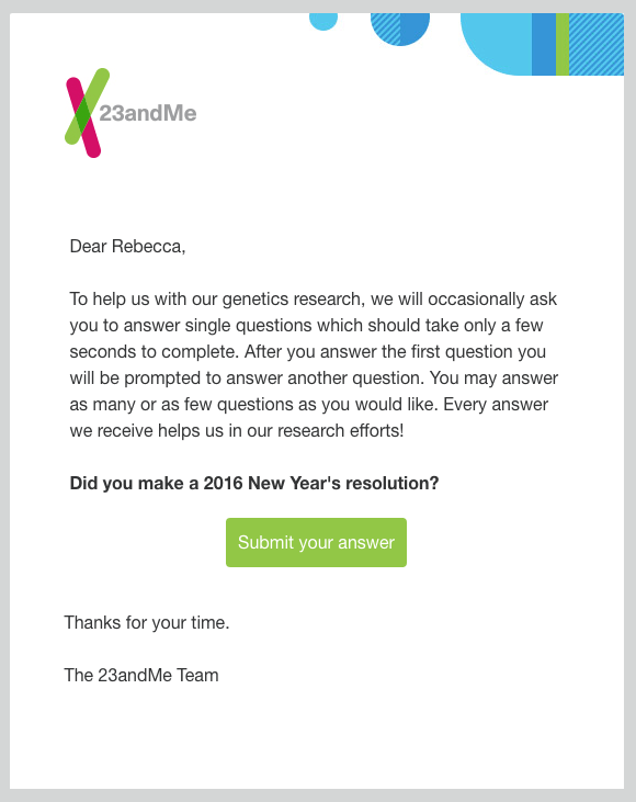 The image shows a market research survey by 23andMe where customers are asked to take part in a market research study.