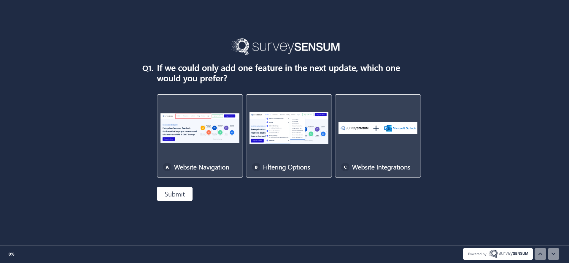 This image shows a single-select image survey where customers are being asked to select one image that they want as the next product update.
