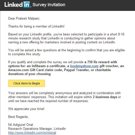 The image shows a research invitation survey email template asking customers to participate in a study. 