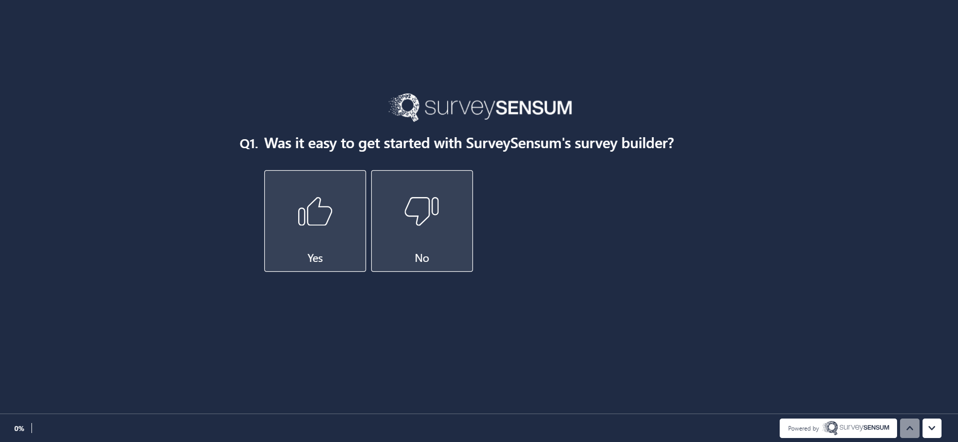 The image shows a yes no survey questions asking customers whether or not it was easy to get started with SurveySensum’s survey builder and the customers is given two options to choose from - yes or no.