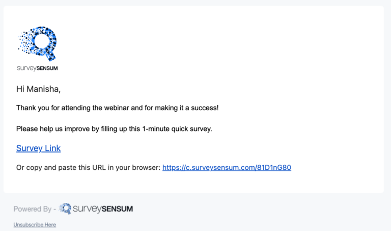 The image shows a post-event email survey sent by SurveySensum to an attendee where the attendee is being requested to participate in a 1-minute quick survey. 