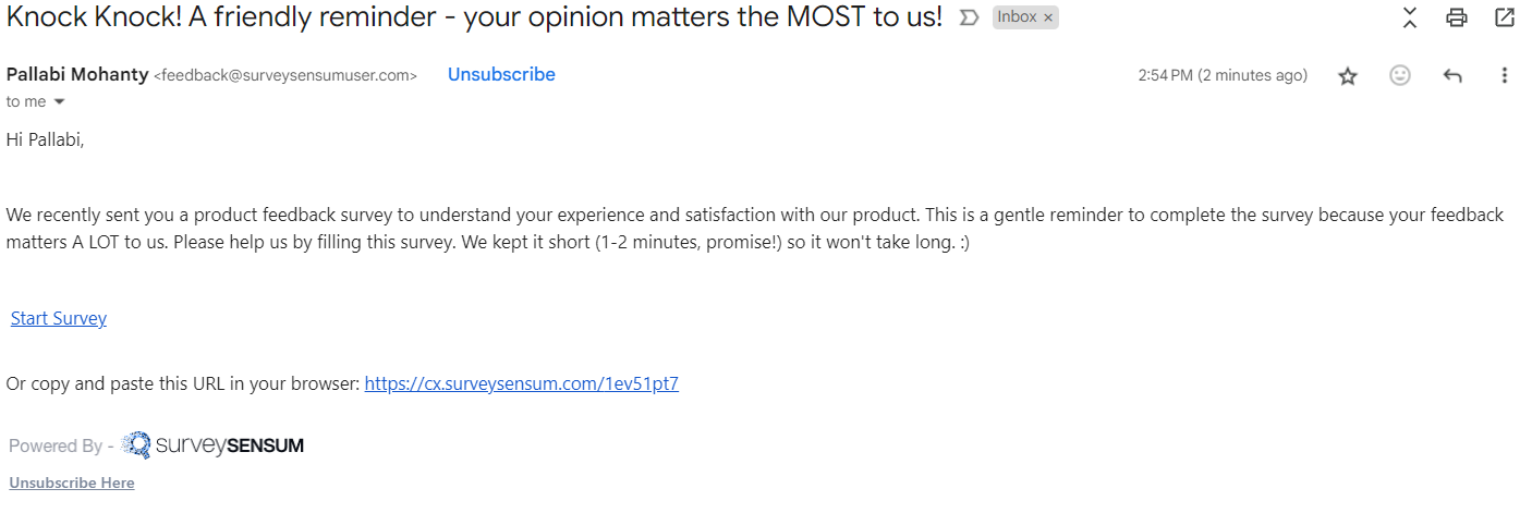  The image shows a survey reminder email template by SurveySensum where the customer is sent a reminder to complete the previously sent product feedback survey. 