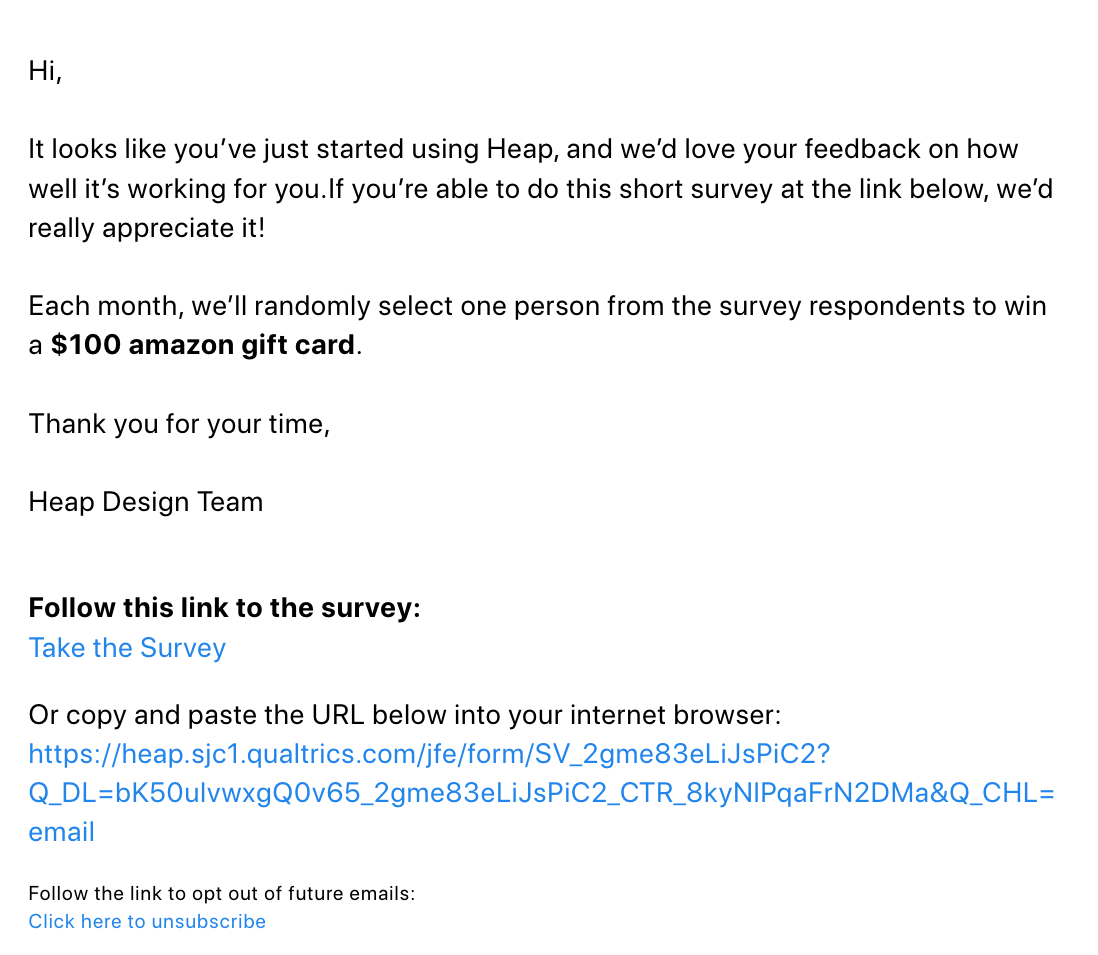 The image shows a customer survey email template used to ask customers about their overall experience with the product. 