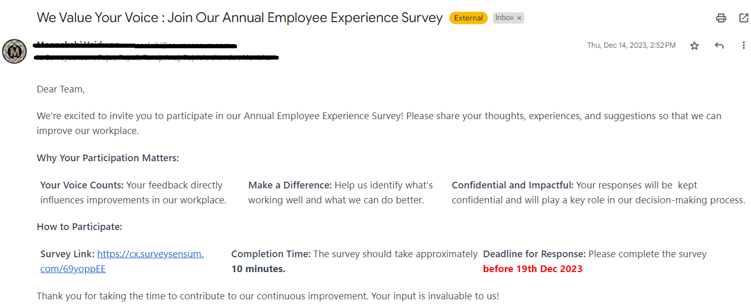 The image shows an employee survey email template used for an annual employee experience survey. 