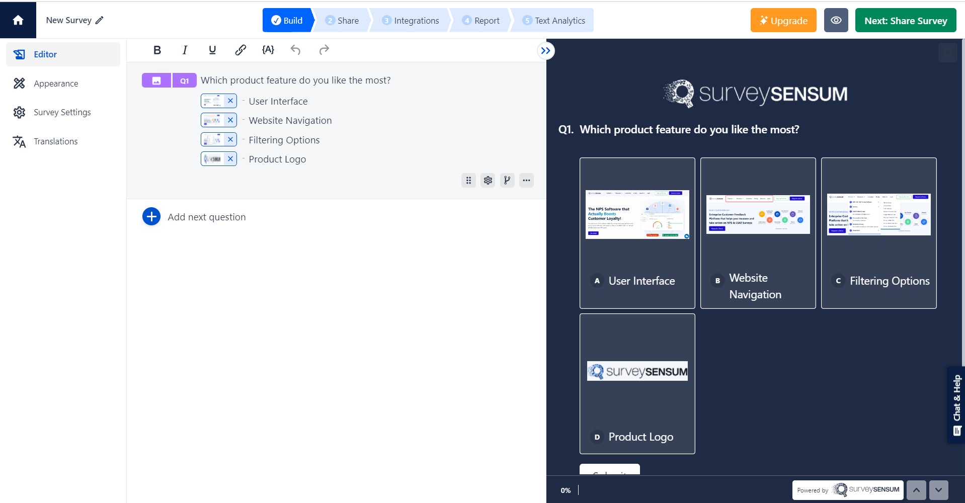 This image shows how image surveys by uploading images to the question in SurveySensum’s survey builder. 
