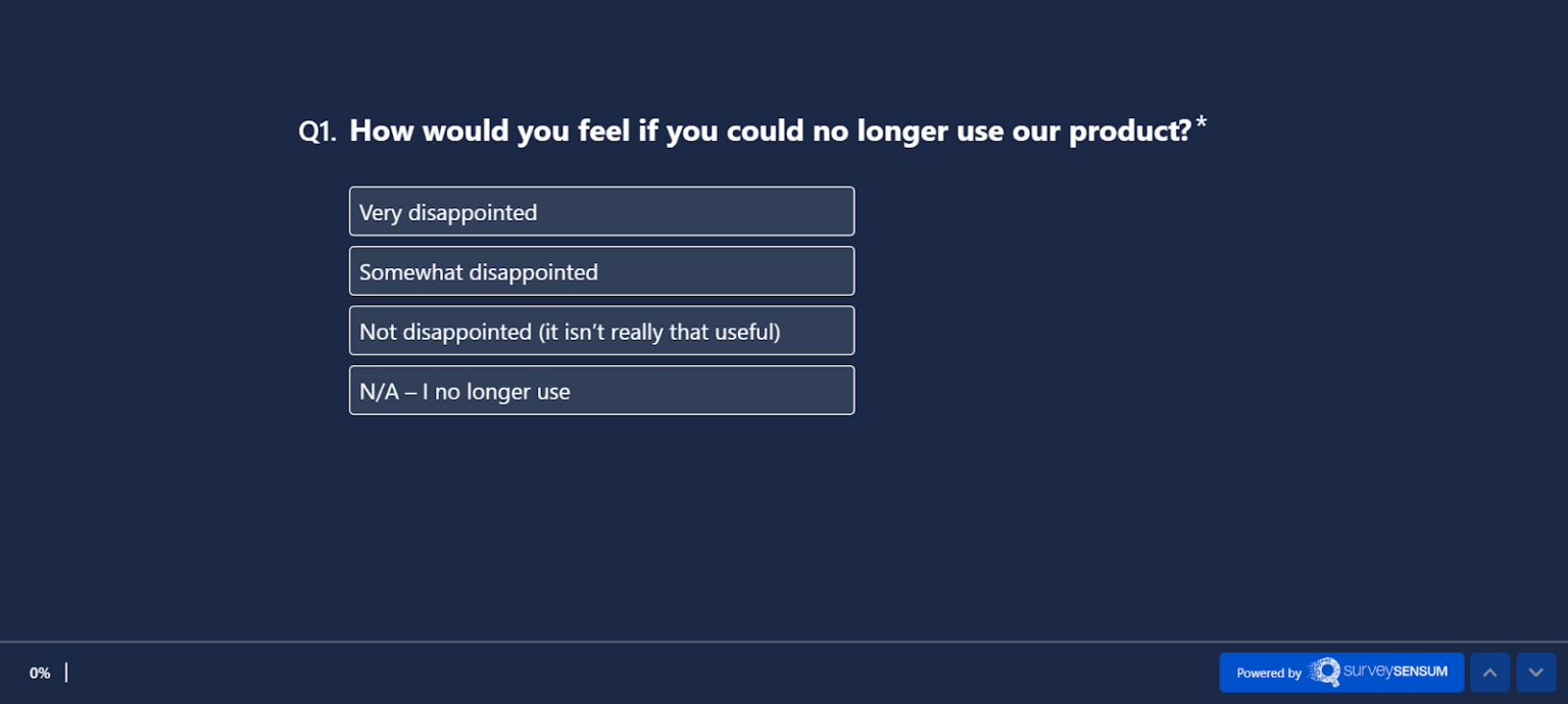 An image showing a product survey asking the customer how they would feel if they could no longer use our product.