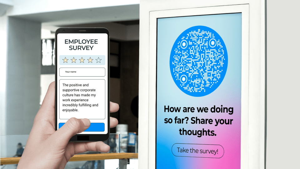 The image shows a QR code survey for employee feedback where employees can provide feedback on their workplace experience.