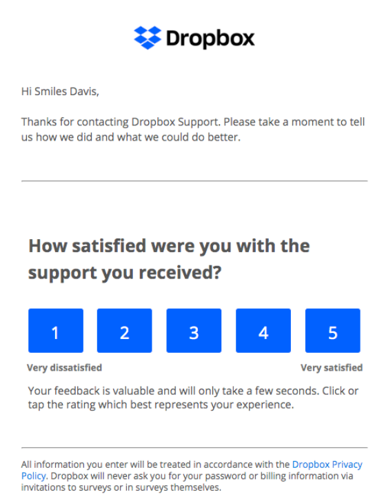 The image shows a CSAT survey email template used to ask customers to rate their satisfaction with the recent customer support interaction on a scale of 1-5. 