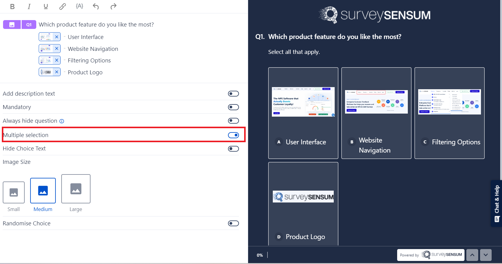  This is the image of survey settings where users can select if they want single-select or multiple-select image choice questions.
