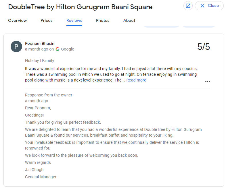 A screenshot showing how the hotel chain Hilton manages the Google review by responding to each customer’s Google review. Be it negative or positive, they ensure connecting with each customer to thank and resolve their issues promptly. 