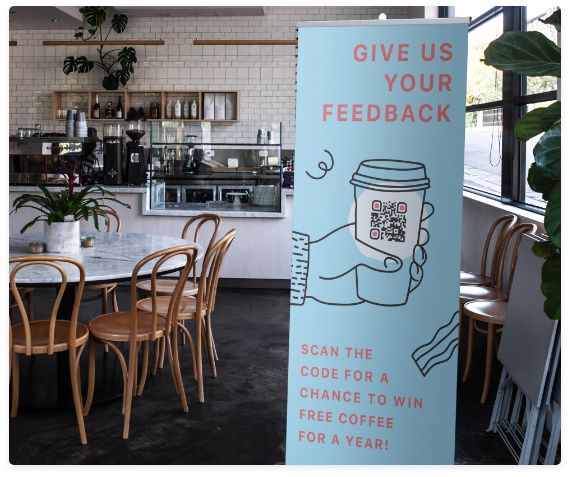 The image shows a QR code survey displayed at a cafe where customers can scan the code and provide feedback on their experience. 