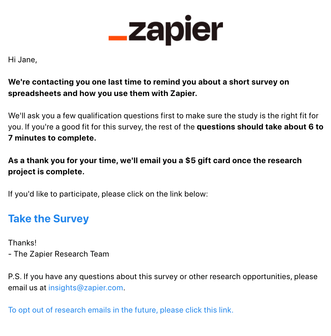 The image shows a reward-based survey email template incentivizing customers with a gift card to encourage them to complete the survey. 