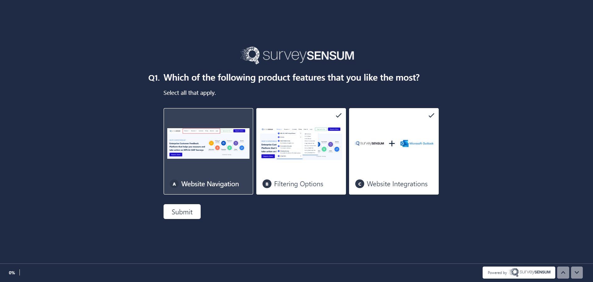 This image shows an image multiple choice image survey where customers are being asked which product features they like the most and they can select multiple images.
