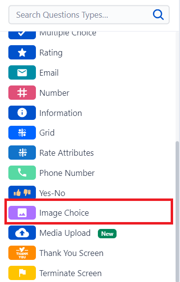 This is the image of different types of survey questions provided in the SurveySensum survey builder tool. Questions such as multiple choice, long text, Likert scale, image-choice, etc.
