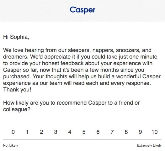 The image shows an NPS survey email template asking the customer to rate their likelihood of recommending the product. 