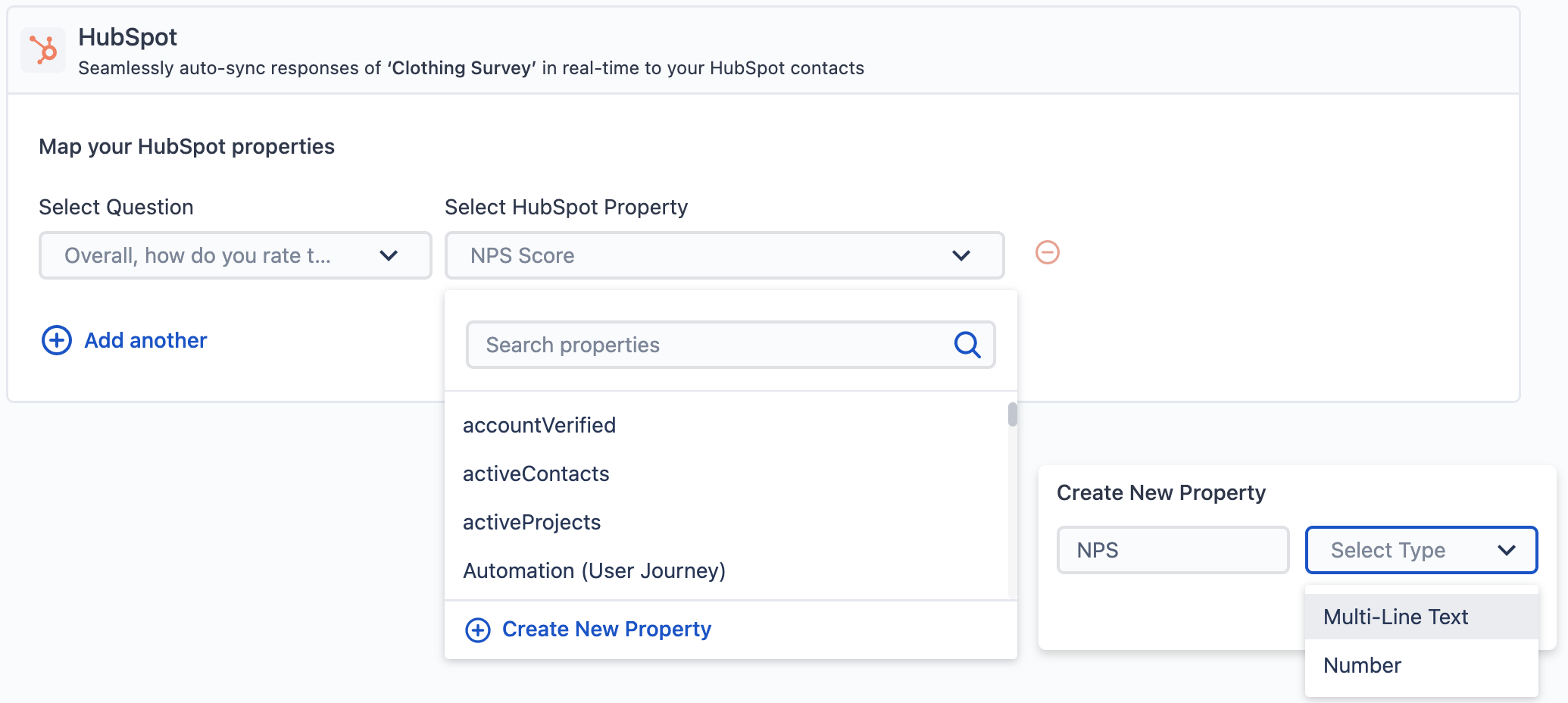 the image shows the process of syncing responses with Hubspot property by selecting the Question and the HubSpot Property that you want to sync