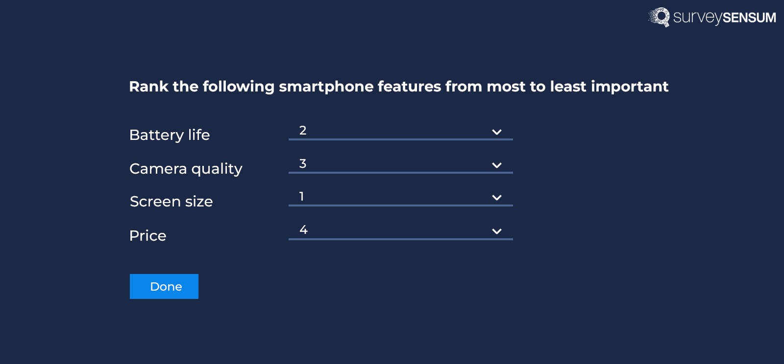 An image showing a rank order multiple choice question survey created on the SurveySensum tool 