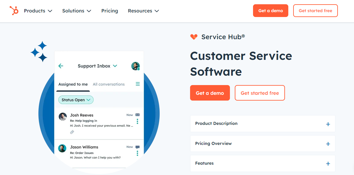 An image showing the second customer experience tool, HubSpot Service Hubs’s homepage