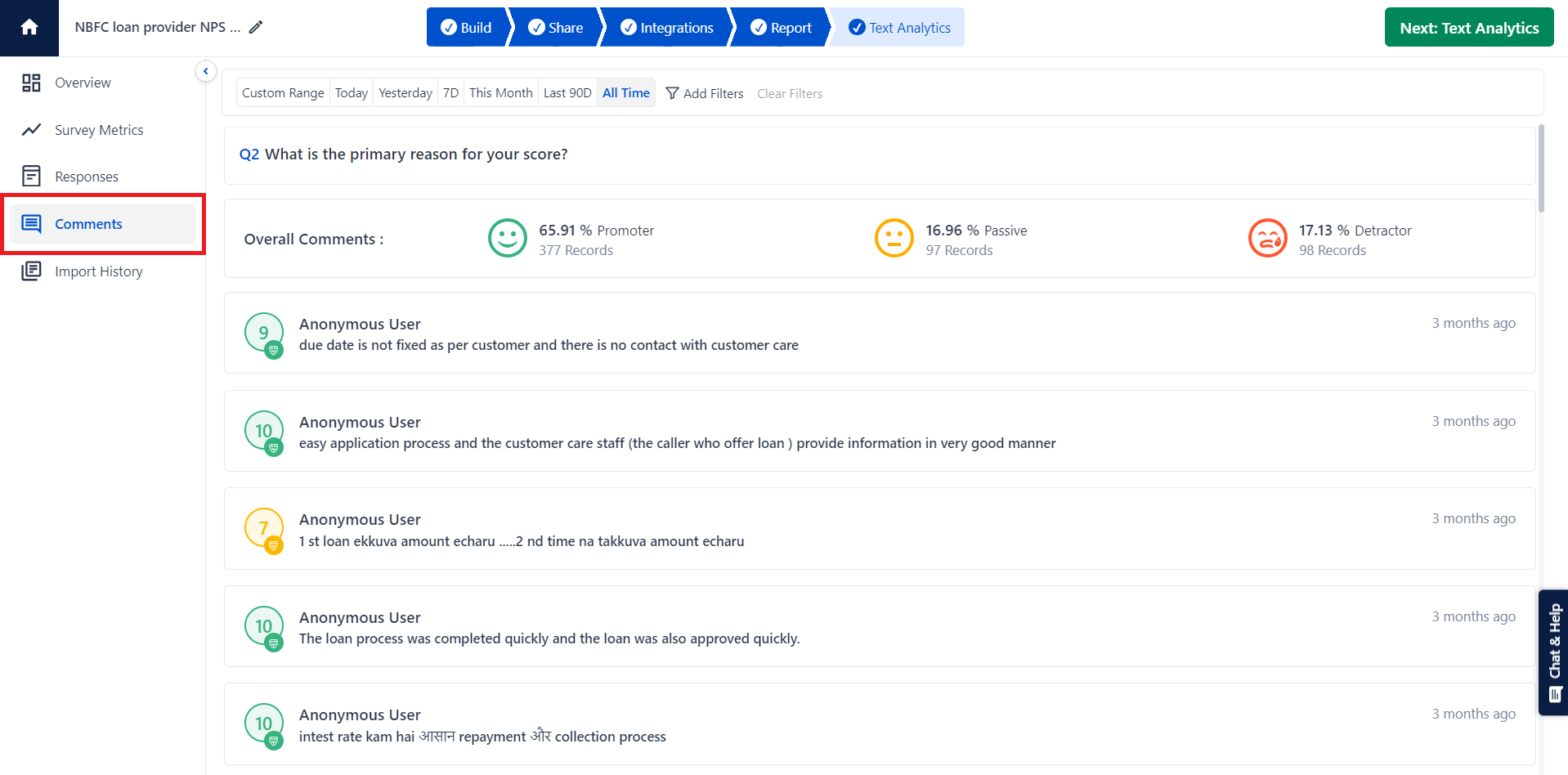 The image shows NPS feedback analysis on an individual basis where each feedback is analyzed.
