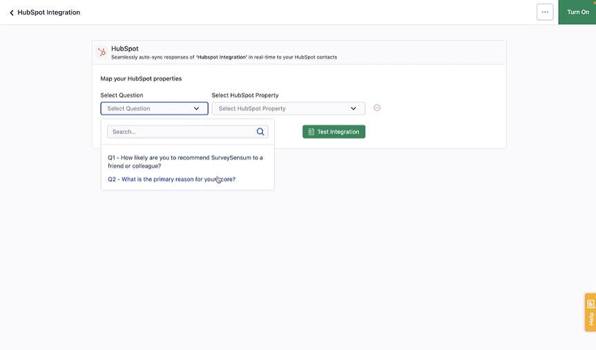 An image showing mapping the survey question to HubSpot properties 